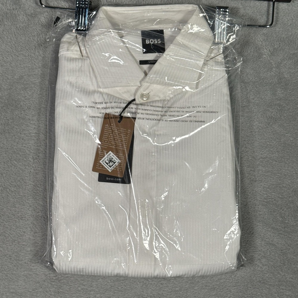 Hugo Boss Shirt Mens 15 White Slim Fit Stripe Tuxedo Dress Long Sleeve